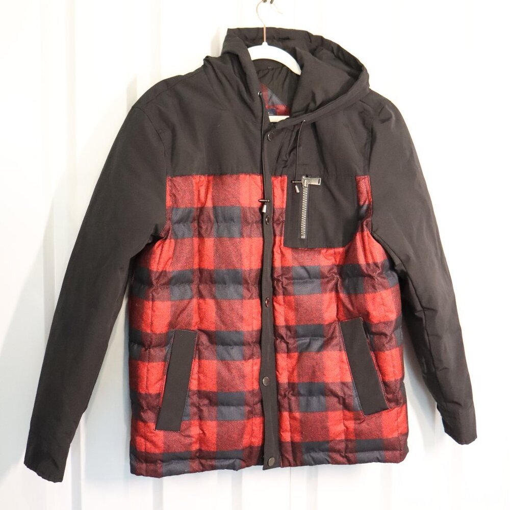 Pendleton Mens Red & Blk Buffalo Plaid Hooded 650 Down Water Resistant Coat Med